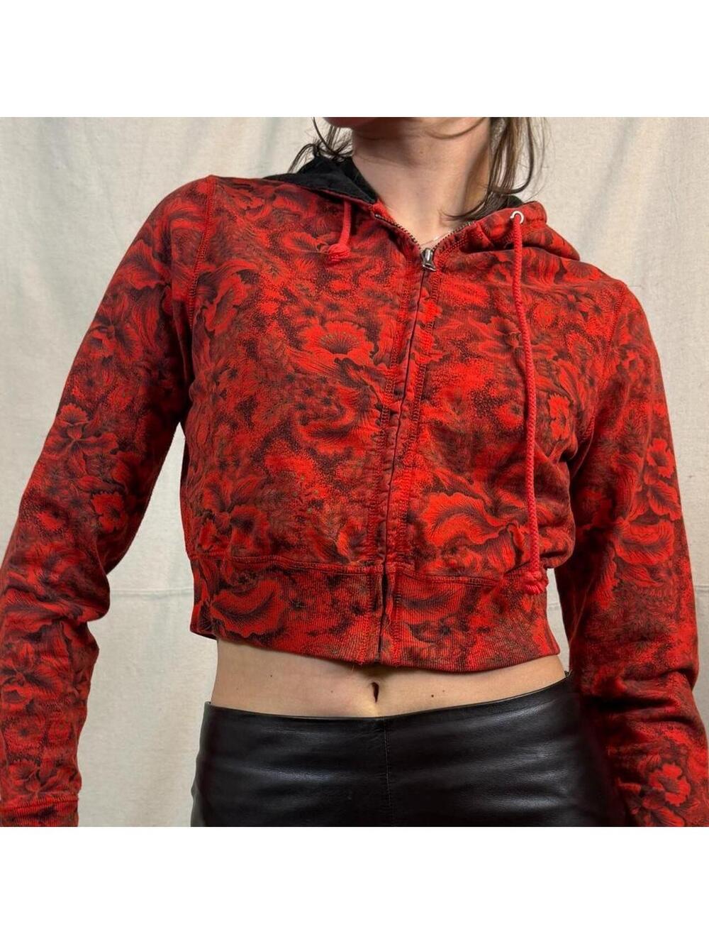 Lucky Brand Red Floral Cropped Zip Hoodie